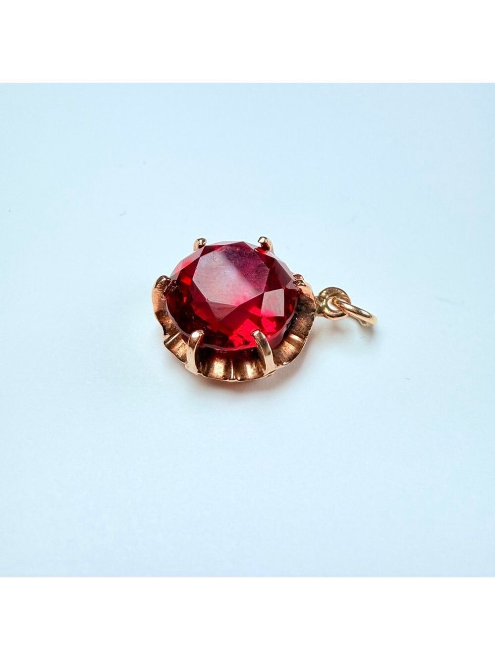 10K Solid Yellow Gold 4.2 CT Red Ruby Glass Solitaire Charm Vintage Pendant - Picture 3 of 6